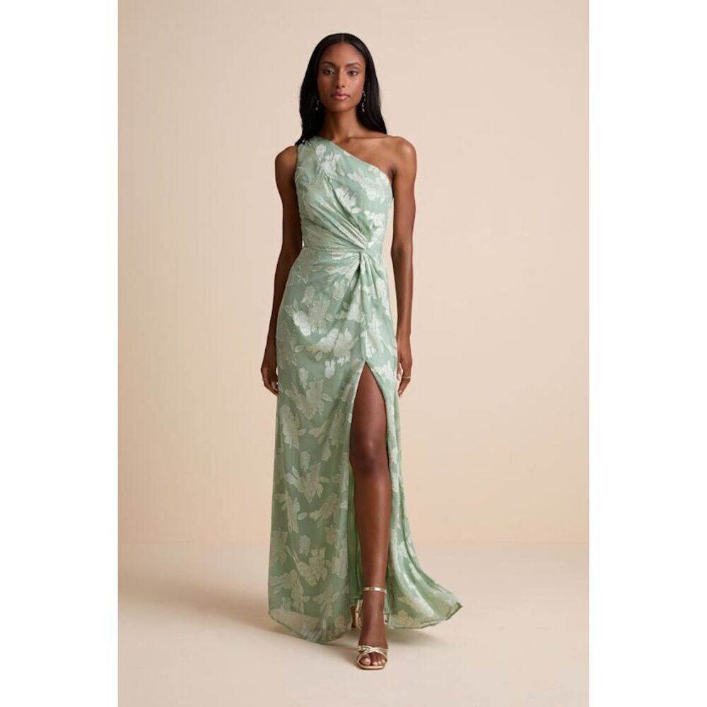 Lulus Renni Sage Green Floral Jacquard One-shoulder Maxi Dress - Size L